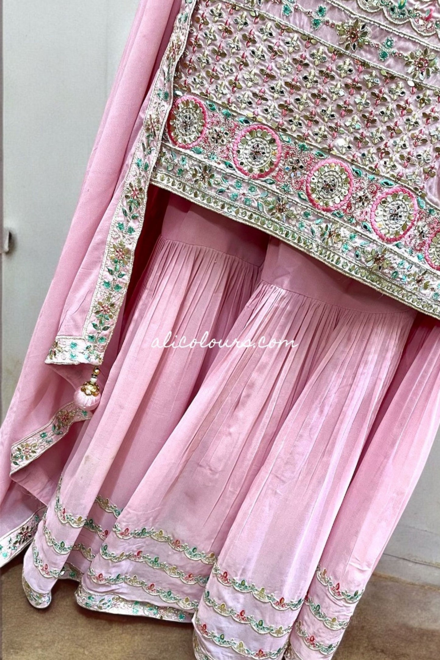 PASTEL PINK FULLY HEAVY EMBROIDERED STITCHED LONG GHARARA SET