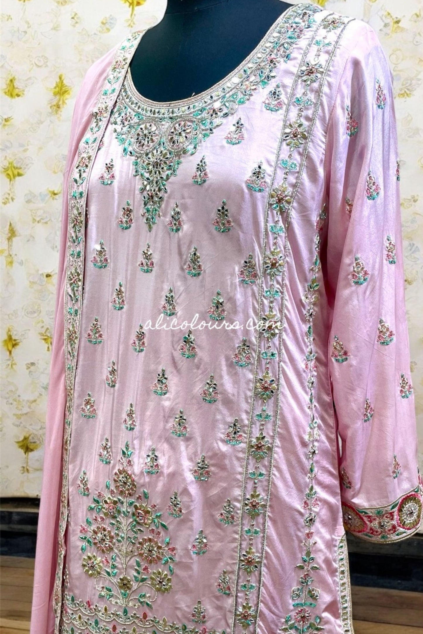 PASTEL PINK FULLY HEAVY EMBROIDERED STITCHED LONG GHARARA SET
