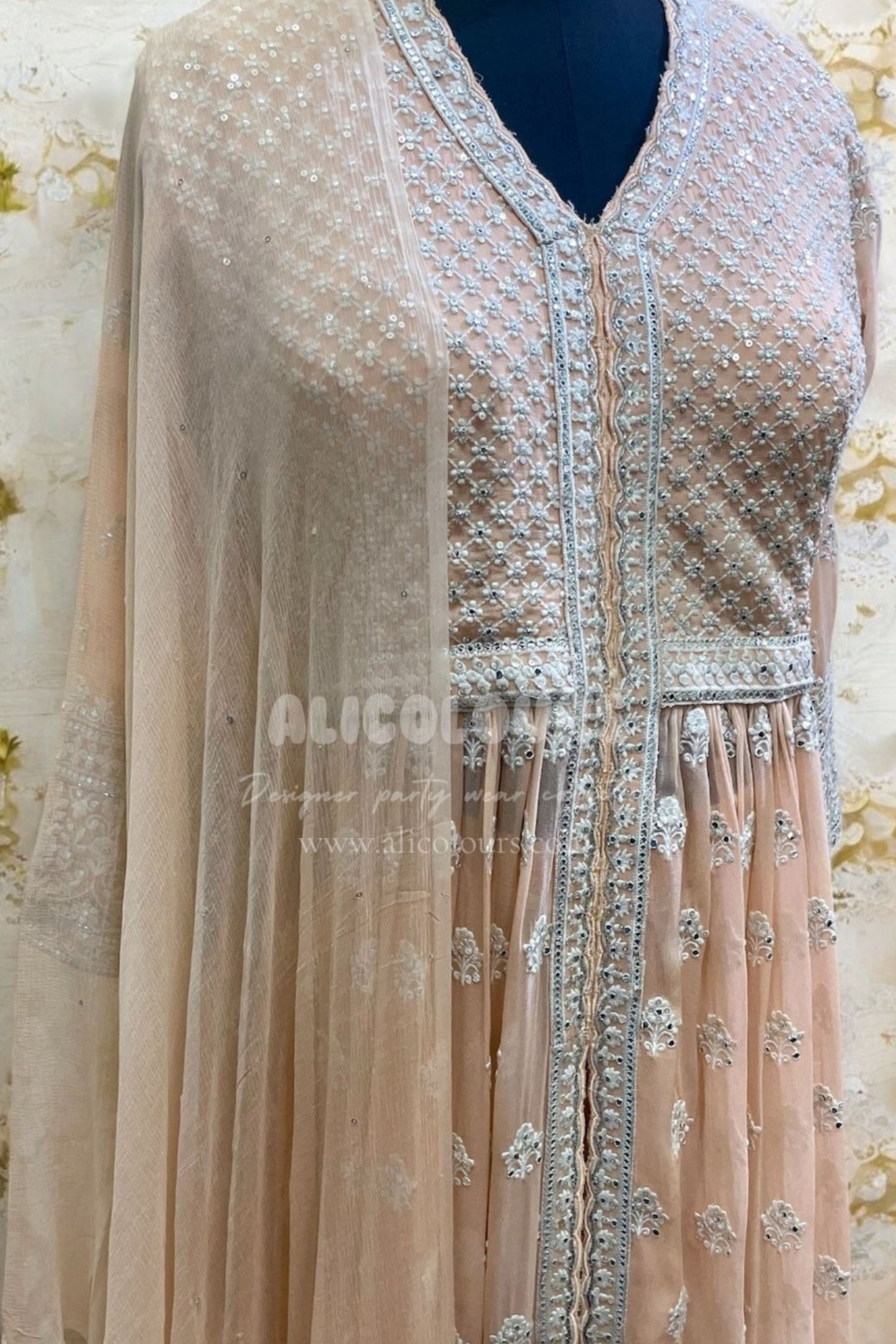 PASTEL PEACH EMBROIDERED & SEQUINS GOWN FLAPPER DRESS WITH DUPATTA