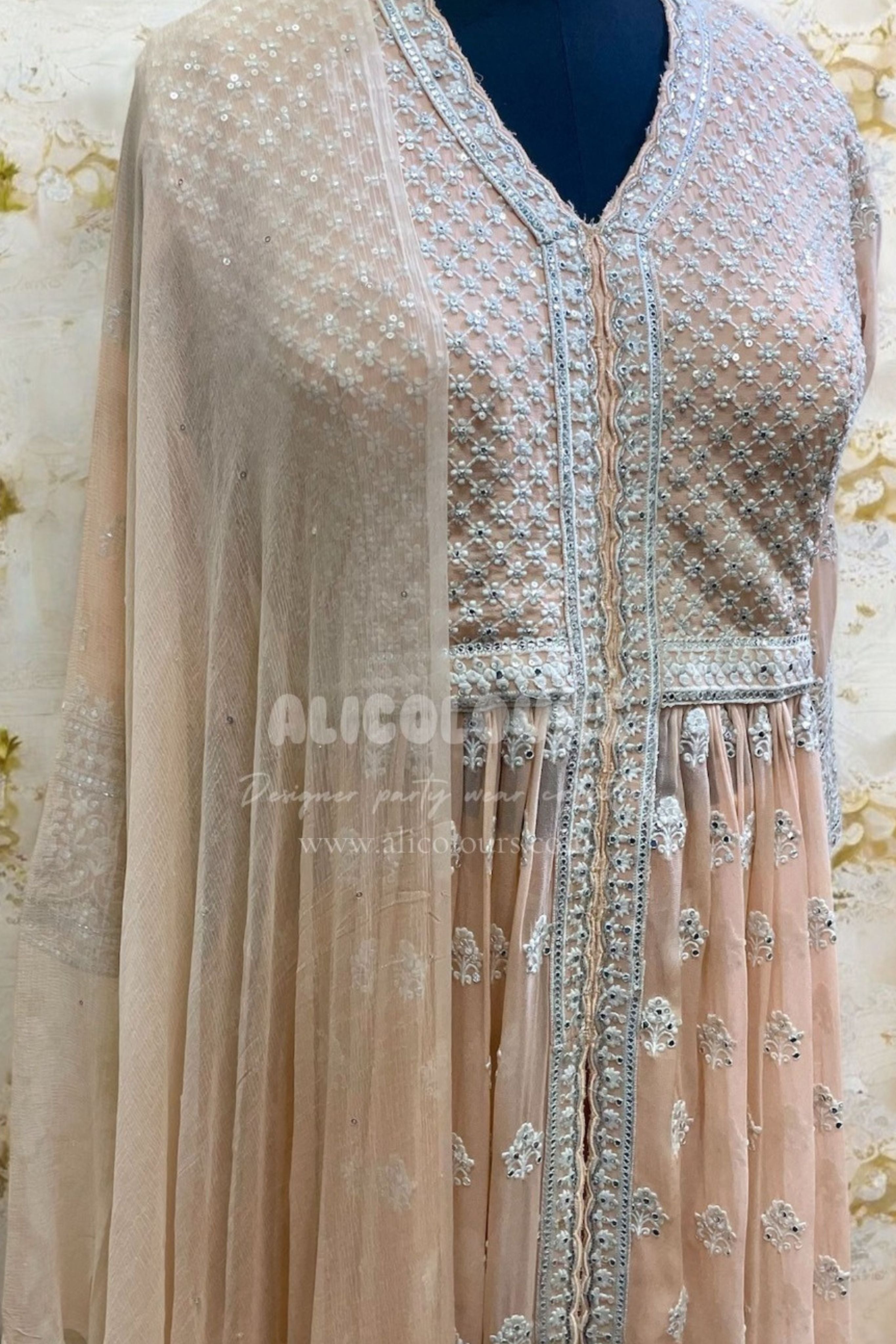 PASTEL PEACH EMBROIDERED & SEQUINS GOWN FLAPPER DRESS WITH DUPATTA