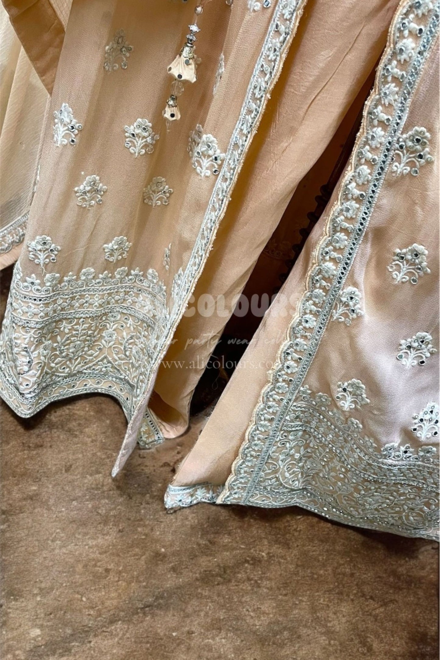 PASTEL PEACH EMBROIDERED & SEQUINS GOWN FLAPPER DRESS WITH DUPATTA