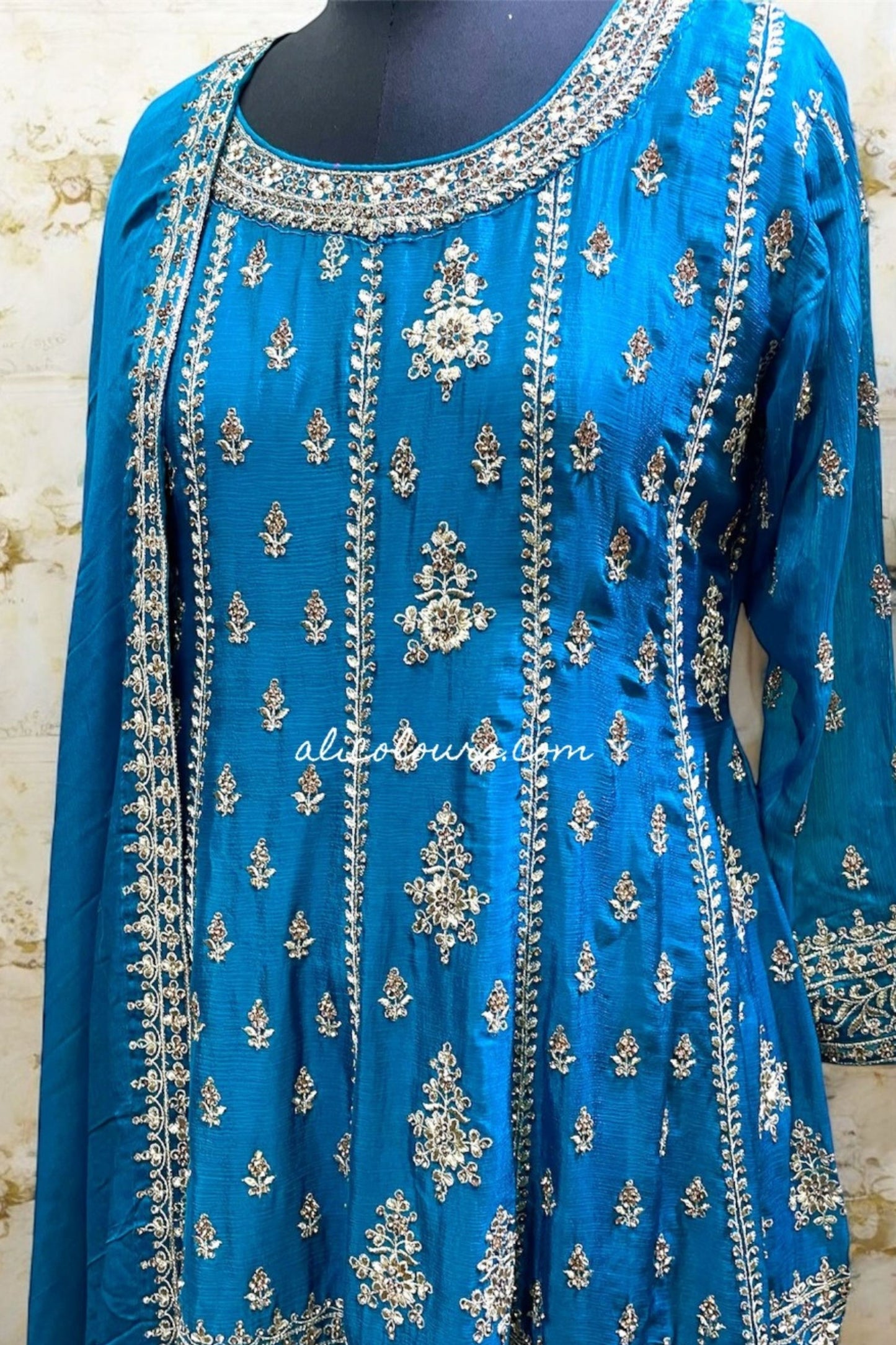 LUXURIOUS TEAL BLUE FULLY EMBROIDERED STITCHED GHARARA SET