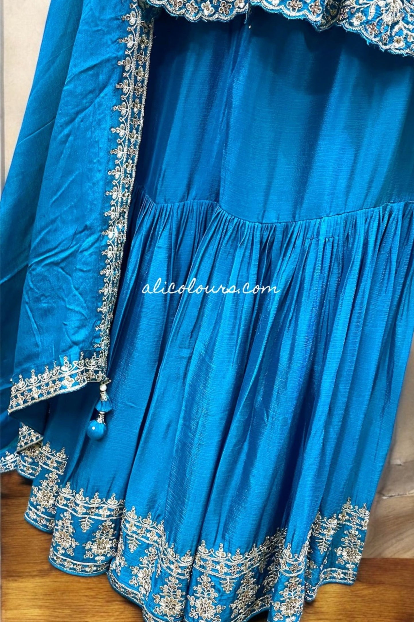LUXURIOUS TEAL BLUE FULLY EMBROIDERED STITCHED GHARARA SET