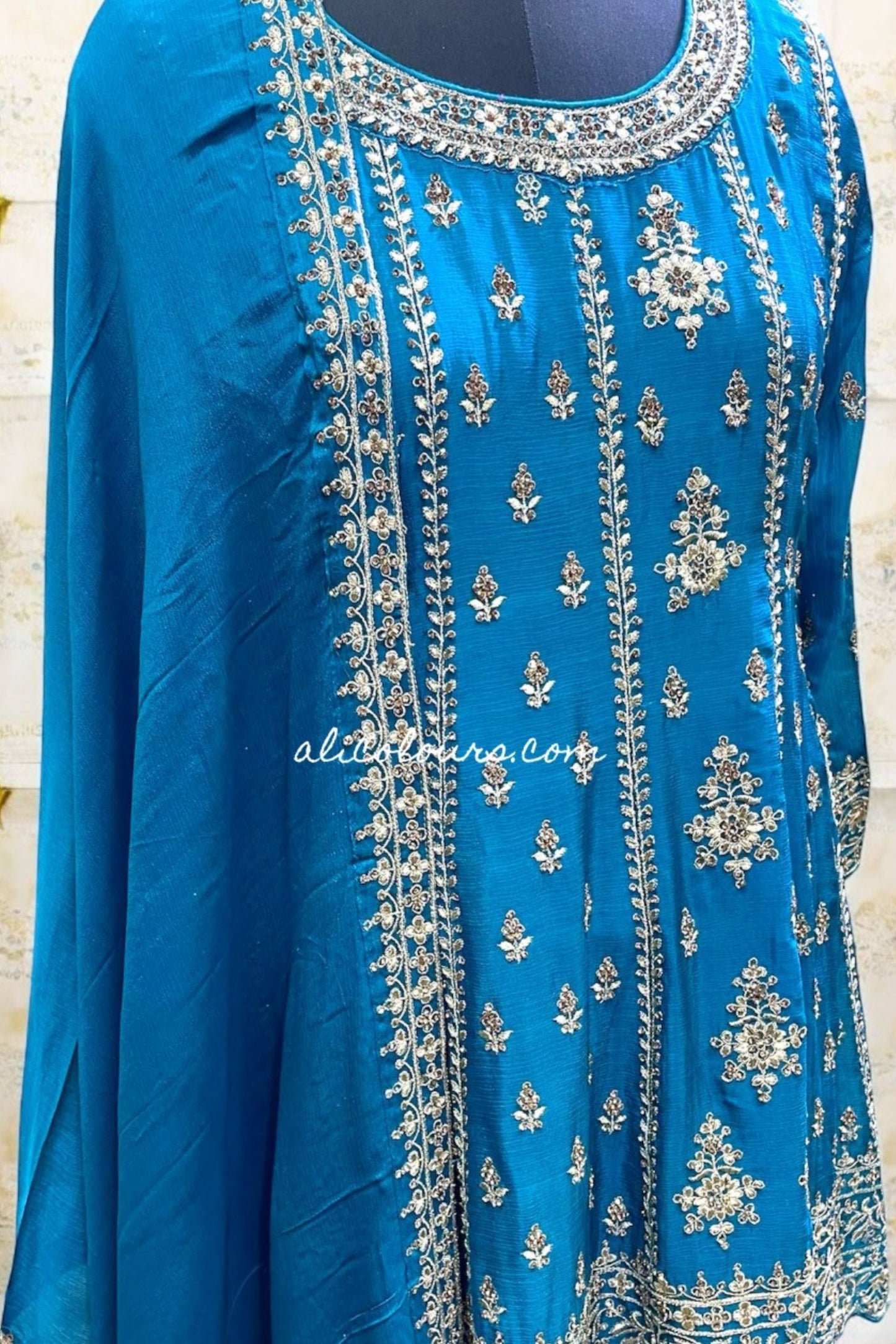 LUXURIOUS TEAL BLUE FULLY EMBROIDERED STITCHED GHARARA SET