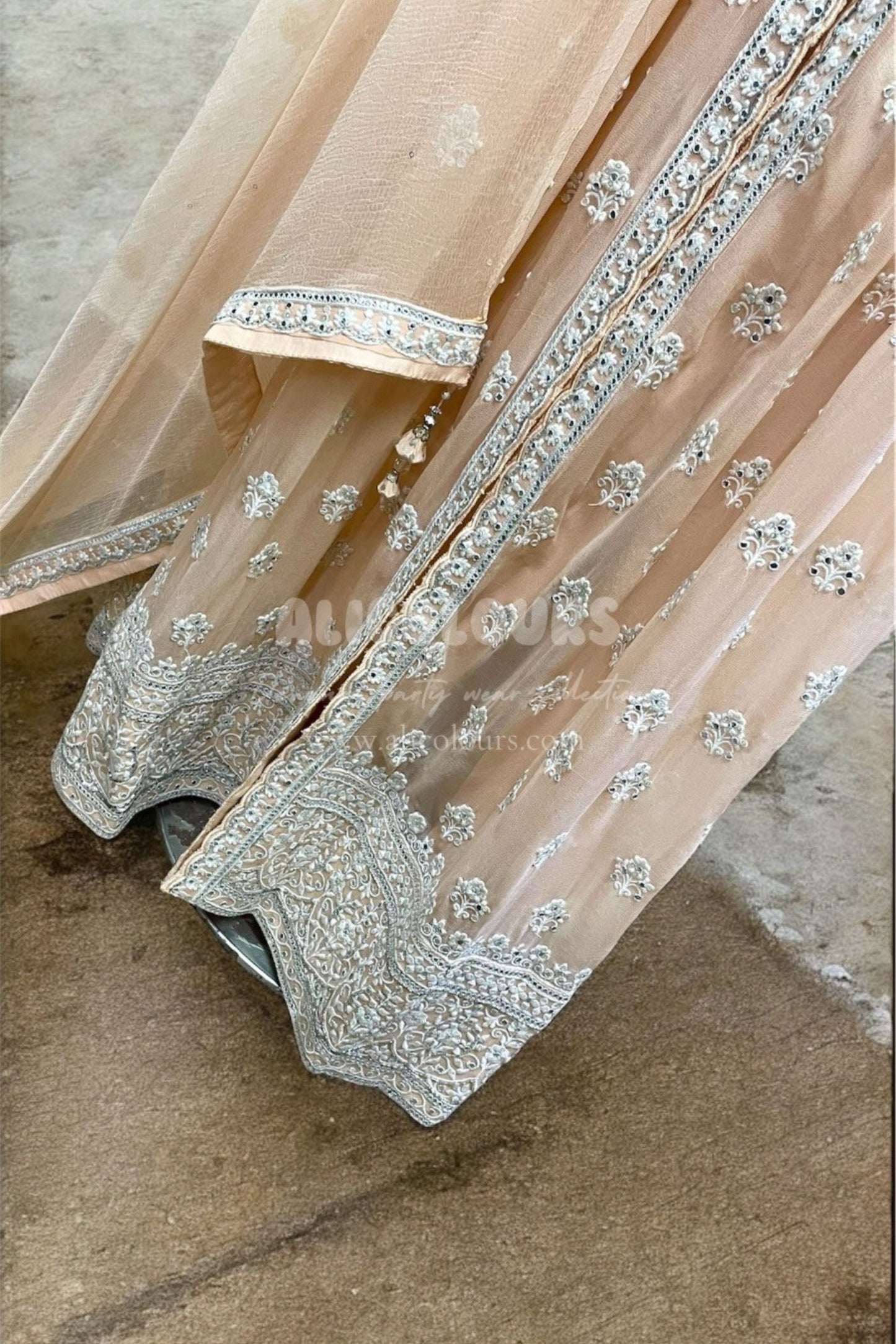PASTEL PEACH EMBROIDERED & SEQUINS GOWN FLAPPER DRESS WITH DUPATTA