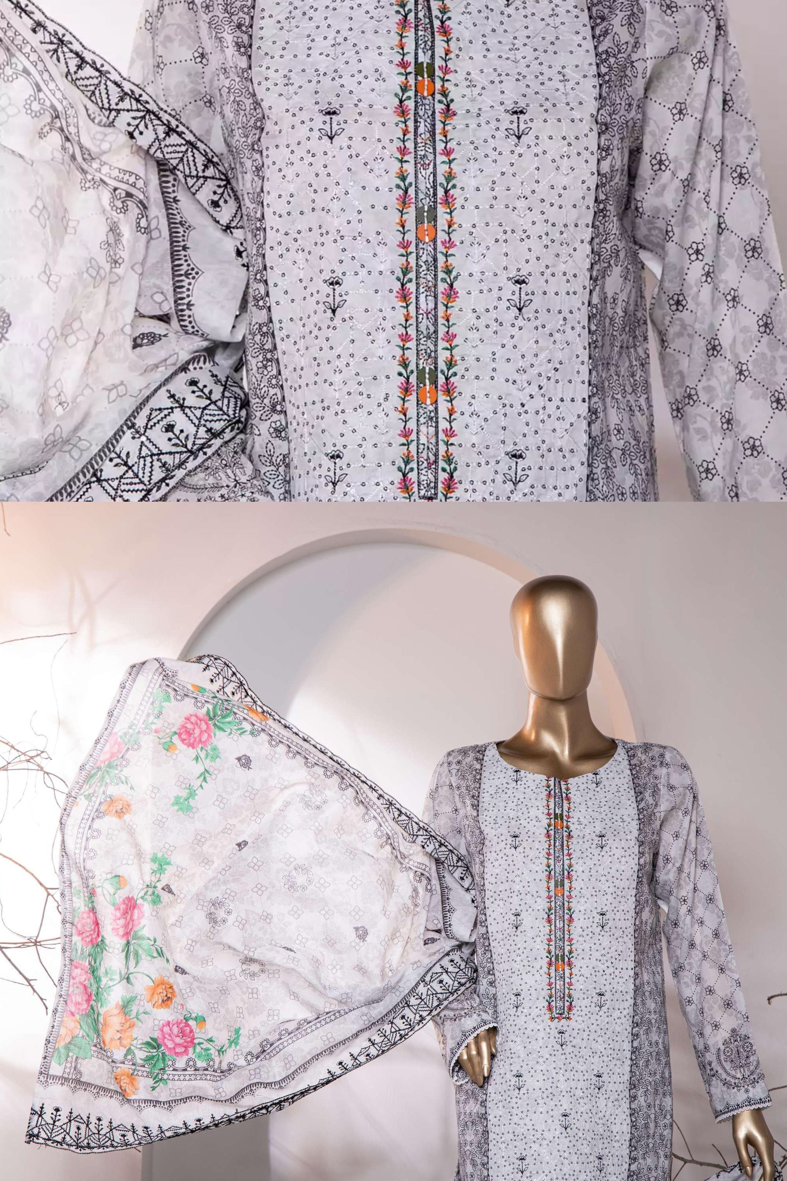 PREMIUM EMBROIDERED COTTON LAWN SHIRT-WITH CUTWORK LAWN DUPATTA