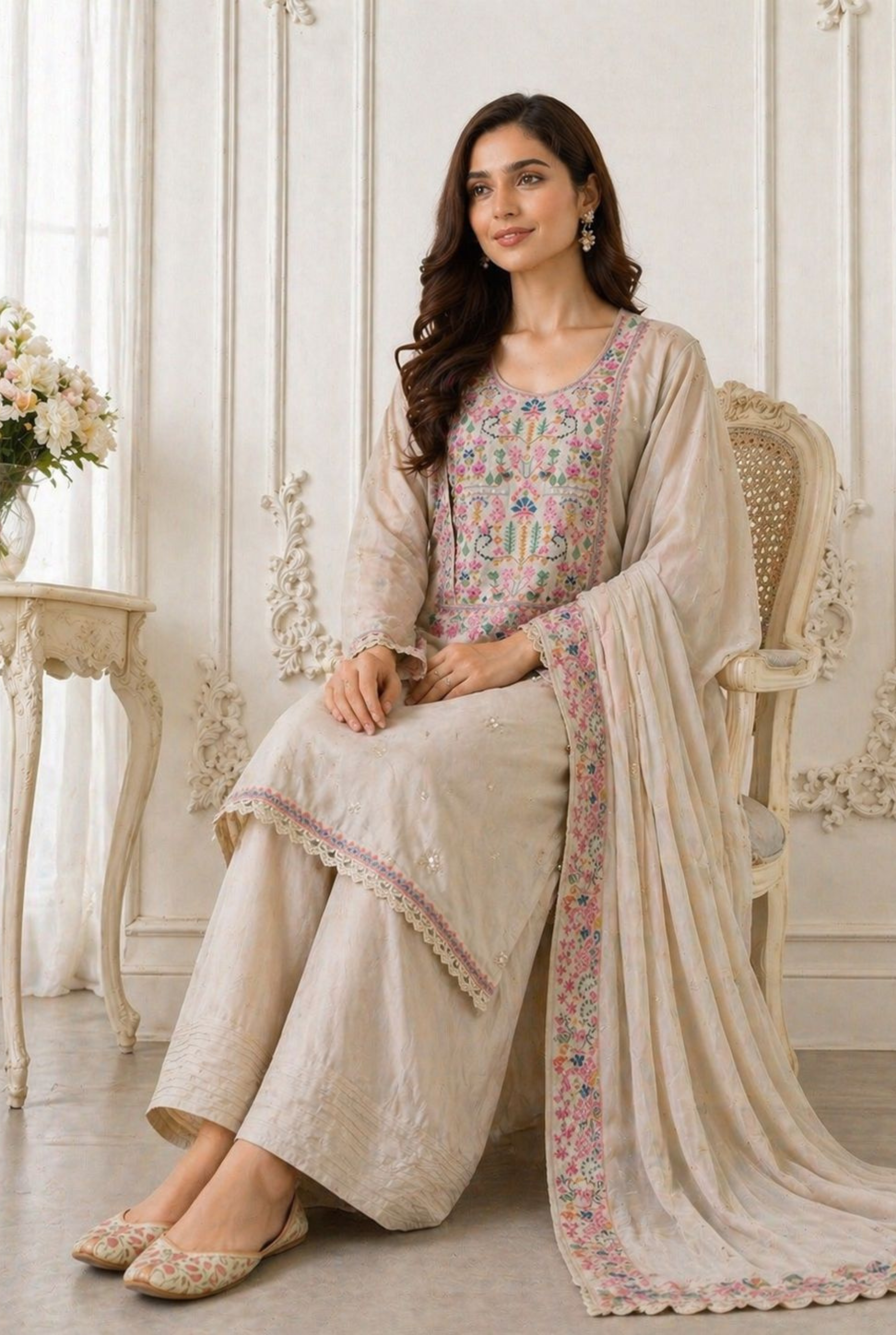 Embroidered Kurta Styled With Farshi Shalwar
