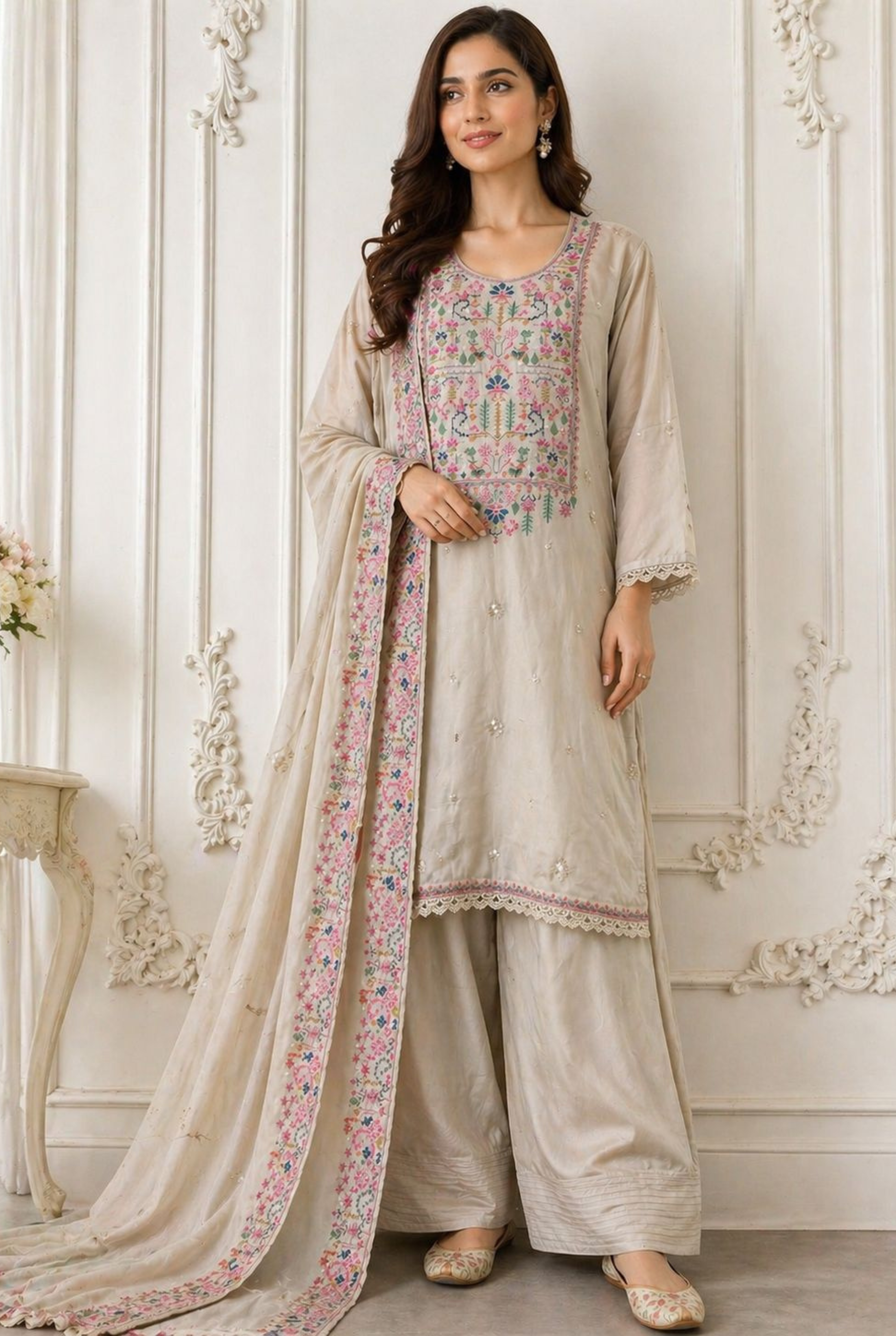 Embroidered Kurta Styled With Farshi Shalwar